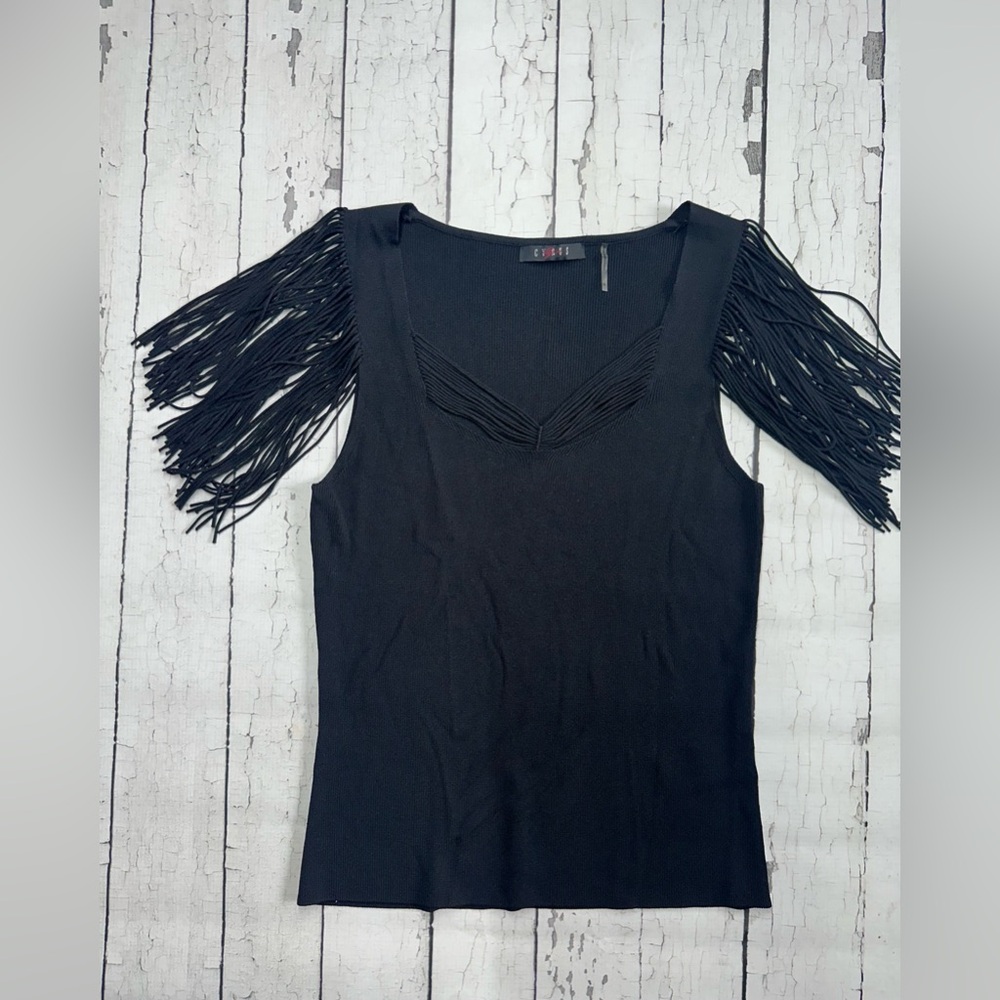 Cyrus Black Fringe Shoulder Tank size S